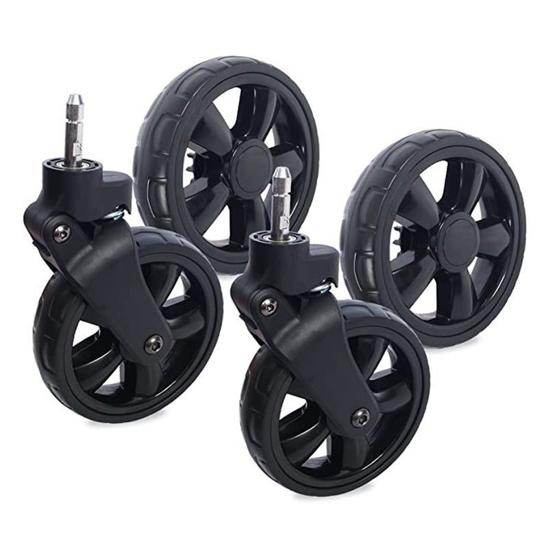 Four Wonderfold W4 All Terrain Wheels by Wonderfold are shown in pairs on a white background. The black replacement wheels feature thick rubber tires and metal stems—two upright and two angled forward for clear viewing.