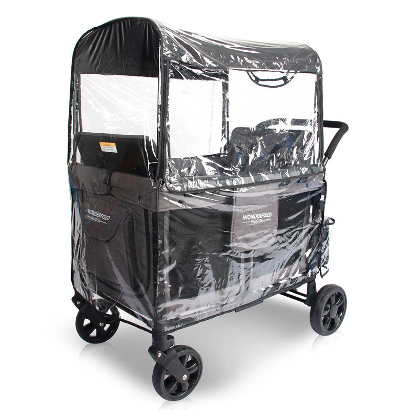 The Wonderfold W4 Rain Cover by Wonderfold is a transparent, weatherproof accessory designed to fit the black W4 wagon, protecting it from rain while allowing use of its large wheels and handle.