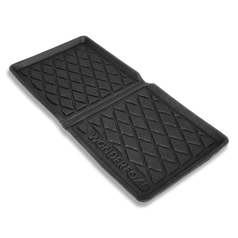 The Wonderfold W2 All Weather Mat is a black, foldable, cushioned mat with textured diamond patterns and "WONDERFOLD" embossing, designed for W2 series stroller wagons. It's durable, easy to clean, and offers all-weather comfort.