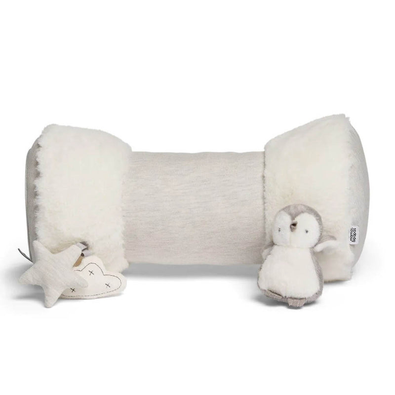The Mamas & Papas Wish Upon A Cloud Tummy Time Roll features a soft, cylindrical design with plush white ends, a light gray faux-fur center, and comes with a small star and adorable penguin plush toy.