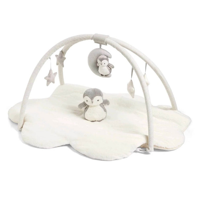 The Mamas & Papas Wish Upon A Cloud Playmat & Gym features a soft cloud-shaped mat, two curved arches with plush stars and a mirror, plus a plush penguin on the mat and another hanging above for playful fun.