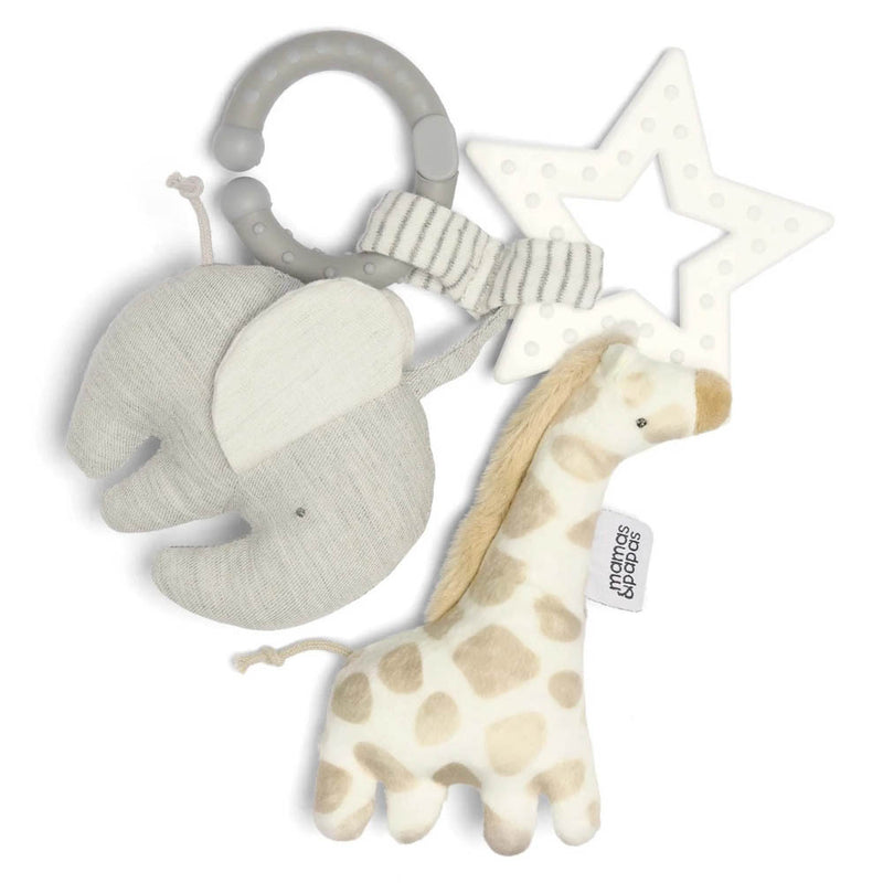 The Mamas & Papas Welcome to the World Safari Linkie Soft Toy features a gray elephant, a cream giraffe with light brown spots, and a white star teether on linked rings—ideal as a pram toy for on-the-go play.