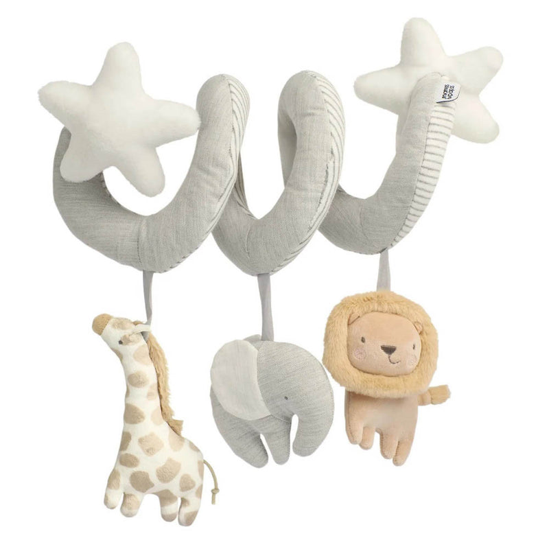 The Mamas & Papas Welcome to the World Spiral Activity Toy is a soft, light gray spiral with two plush stars and three hanging animals—a giraffe, elephant, and lion—that wraps easily around crib rails or stroller handles for sensory play on the go.