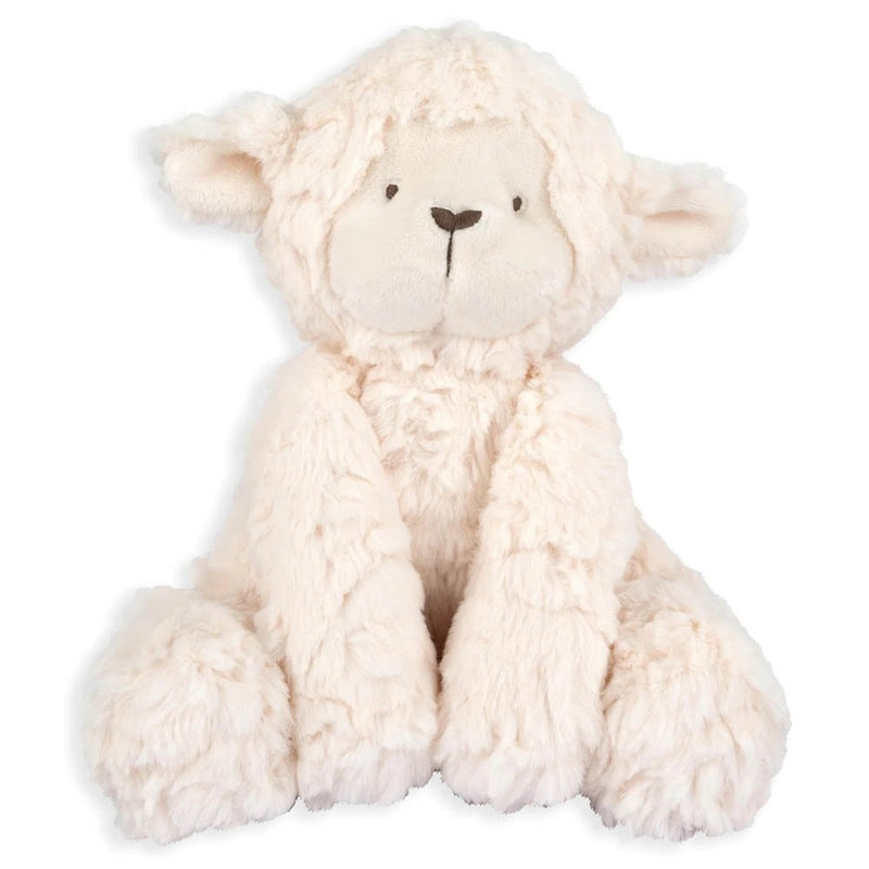 The Mamas & Papas Larry Lamb Soft Toy features super-soft creamy faux fur, floppy ears, and stitched details. Suitable from birth, this adorable lamb plush by Mamas & Papas sits upright against a white background.