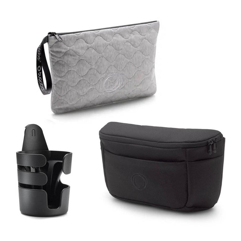 The Bugaboo Accessories Bundle by Bugaboo includes a textured gray changing clutch with wrist strap, a black cup holder, and a black zippered organiser pouch—all designed for your baby stroller.