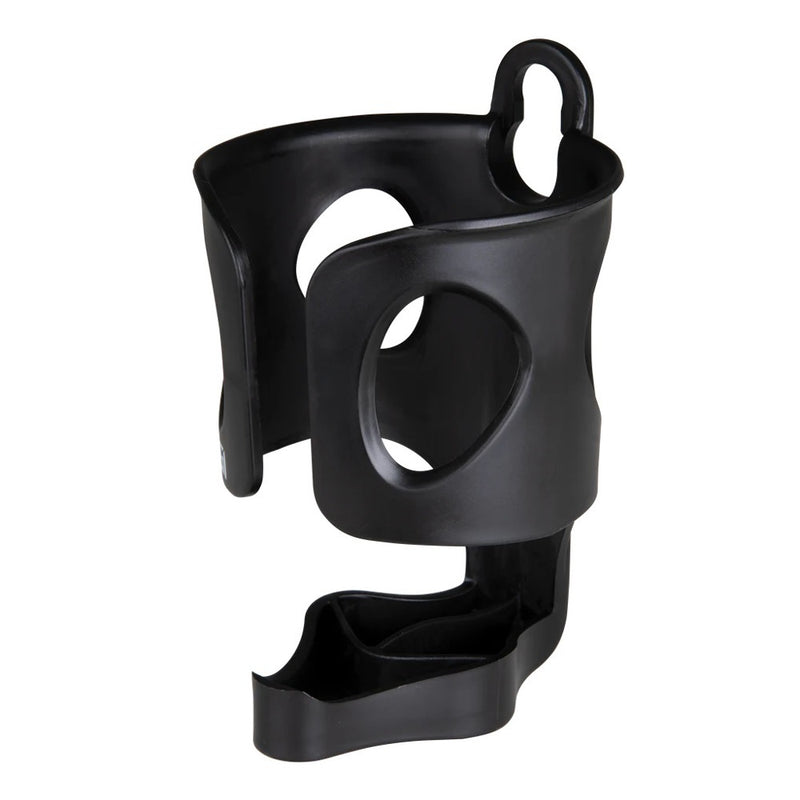 The TABC Drink Holder by TABC is a black plastic bike and stroller accessory with circular cutouts, an open side for easy bottle access, and a universal fit design.