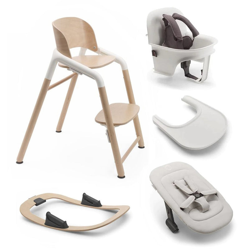 The Bugaboo Giraffe Ultimate Bundle by Bugaboo features a stylish, adjustable high chair in light wood and white with eco-friendly materials and comes with a baby seat, tray, curved safety bar, and reclining seat.
