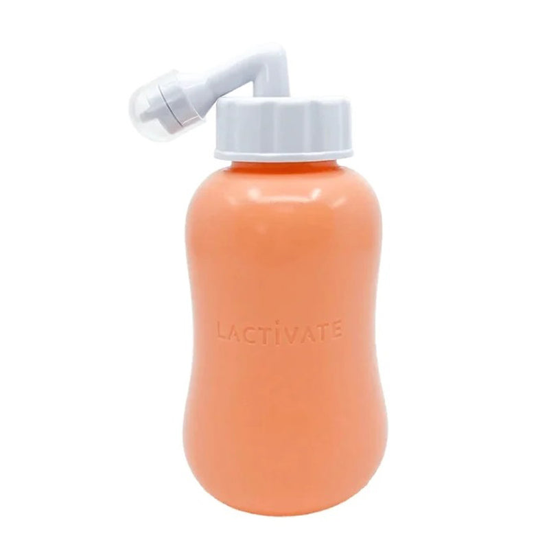 The Lactivate Peri Bottle by Lactivate is orange with “LACTIVATE” embossed, a white screw-on cap, and an angled spout with clear cover—ideal for childbirth recovery and easy, portable use.