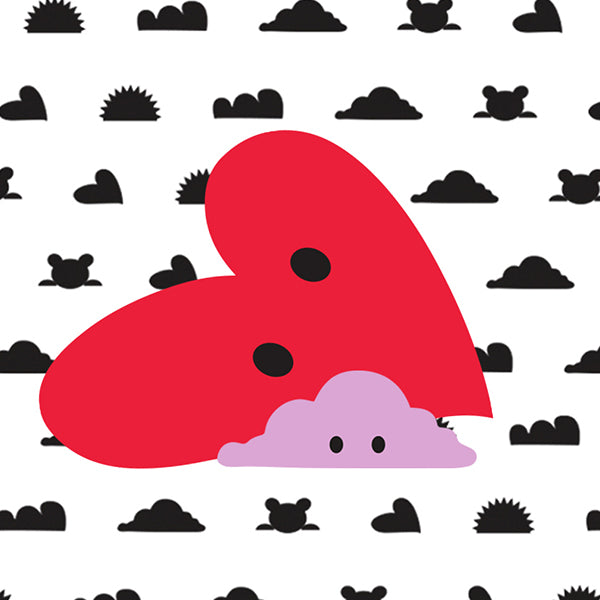 A big red heart with two black dots appears behind a small purple cloud with eyes, on white with black cloud and animal head silhouettes—an adorable Rise.ai Baby Village eGift Card.