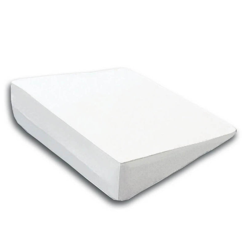 The Jolly Jumper Pregnancy Pillow by Jolly Jumper is a white foam wedge pillow with a sloped, triangular shape, perfect for elevating the upper body or legs and providing back pain relief during pregnancy.