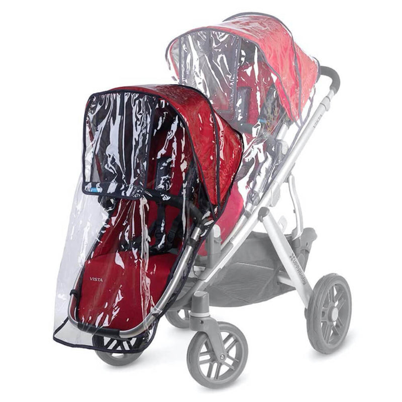 The UPPAbaby Rain Shield Vista Rumble Seat is a universal transparent cover for double strollers with red seats and two separate canopies, fitting over the front and top—compatible with an infant car seat or bassinet. Large wheelbase ensures smooth rides.