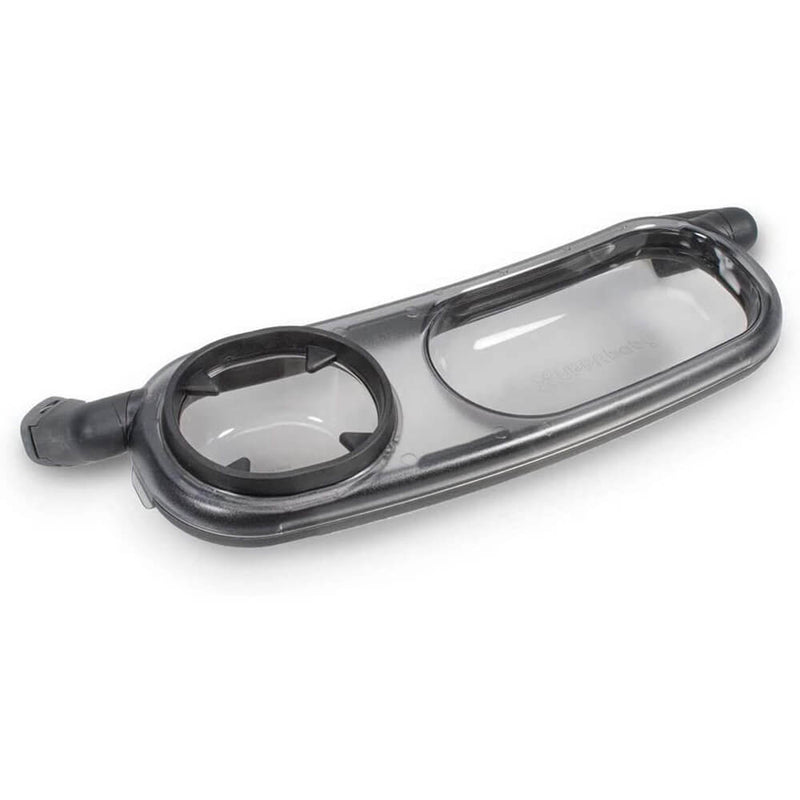 The UPPAbaby Snack Tray is a black and clear plastic tray with a cup holder and snack compartment, designed for easy attachment to UPPAbaby strollers for convenient drink and snack storage.