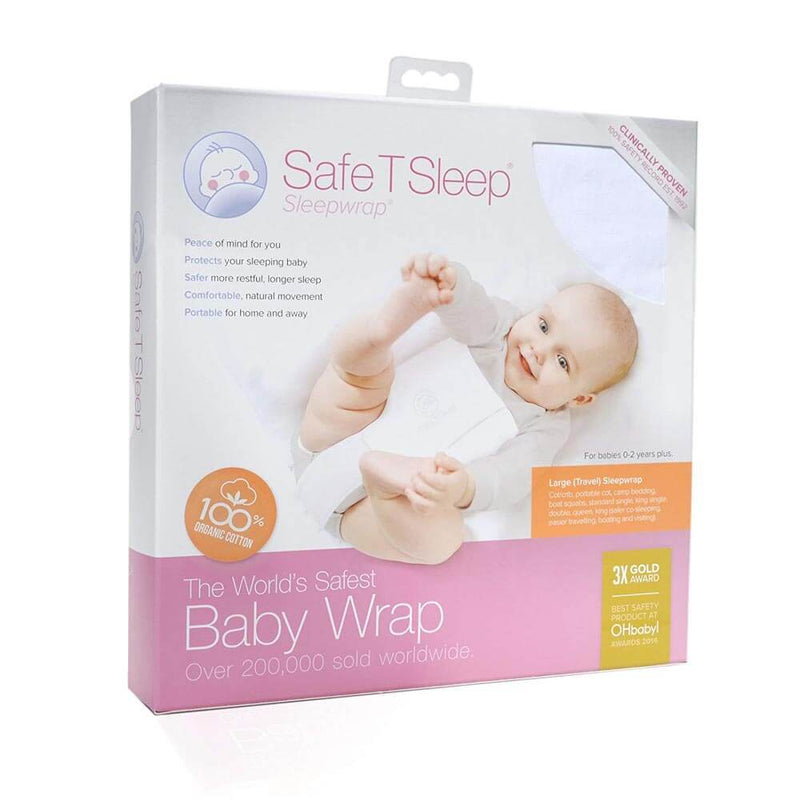 A box of Safe T Sleep Wrap Travel by Safe T Sleep shows a happy baby snug in the safest travel swaddle. Designed for ages 0-2, the packaging highlights comfort and safety—ideal for home or travel.