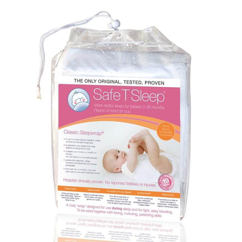 The Safe T Sleep Wrap Classic by Safe T Sleep is packaged for babies 0–36 months, with a baby photo and details about sleep safety and hospital approval printed on the front to reassure parents of added cot safety.