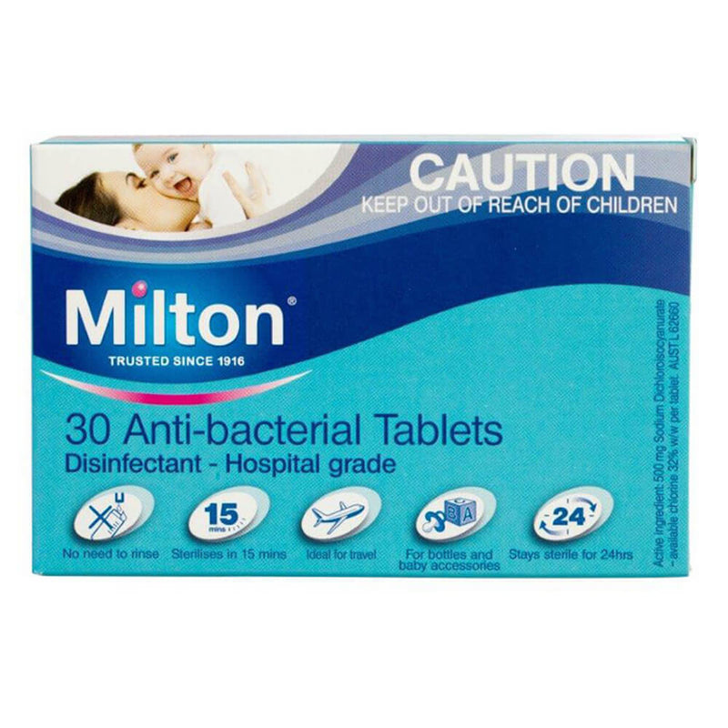 Milton Antibacterial Tablets 30pk provide hospital-grade disinfection with a 15-min sterilising solution for bottles and accessories and 24-hour protection. The box features icons and a baby photo in the top left corner. Brand: Milton.