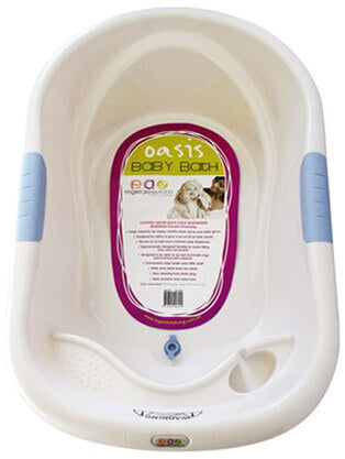 The Roger Armstrong Oasis Bath is a white plastic extra large baby bath with blue handles, a purple and white usage instructions label inside, and a convenient drain plug for easy emptying.