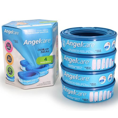 Four Angelcare Nappy Disposal System Refill Cassettes 4pk are stacked by their packaging, which showcases the brand and odour-barrier technology. Perfect for controlling diaper odors with your Angelcare disposal system.
