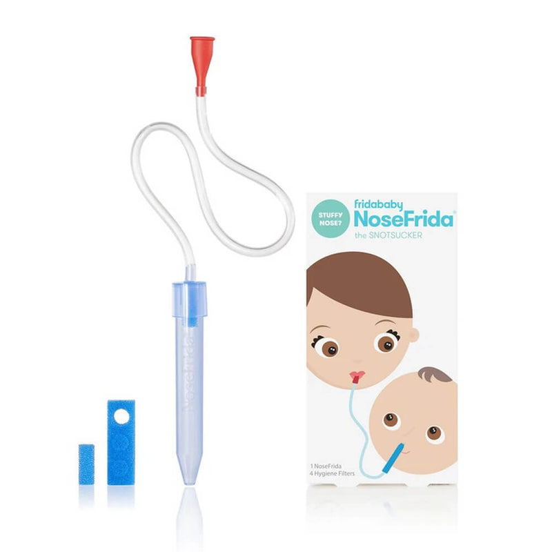 The Frida Baby Nose Frida Nasal Aspirator kit includes a blue tube, red mouthpiece, two blue hygiene filters, and packaging with an illustration of an adult using this trusted device on a baby.