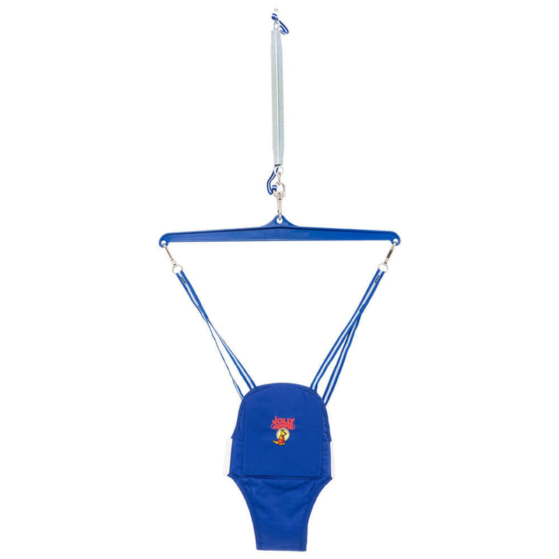 The Jolly Jumper Original by Jolly Jumper is a blue fabric baby jumper with adjustable straps, a front pocket featuring a cartoon lion and "Jolly Jumper" text—ideal for fun exercise sessions. Suspended from a blue plastic hanger and metal spring.
