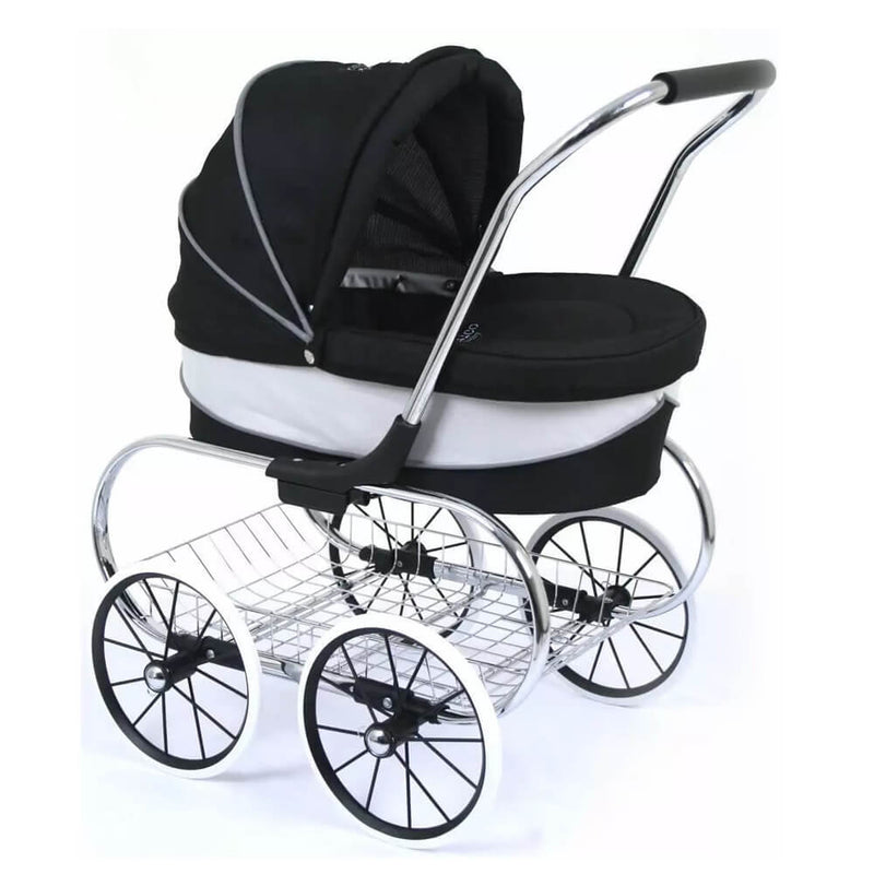 The Valco Baby Princess Doll Stroller by Valco Baby features a classic black and white design, handcrafted wheels, a curved chrome frame with four large spokes, mesh storage basket underneath, covered bassinet, and black handlebar.