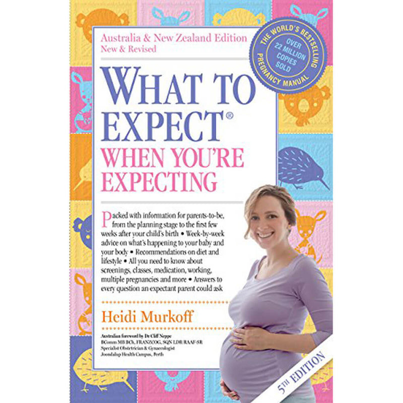 Book cover of What To Expect When You're Expecting by Books. The 5th Edition features a smiling pregnant woman with pastel animal art and provides week-by-week pregnancy guidance for expecting parents.