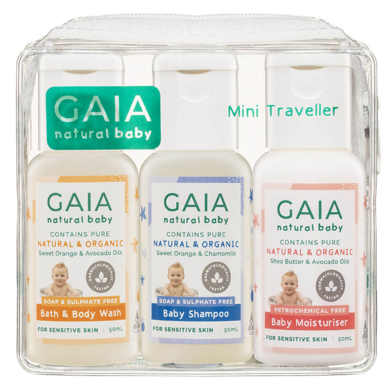 The Gaia Mini Traveller by Gaia is a clear pouch with three 50ml natural babycare essentials—Bath & Body Wash, Baby Shampoo, and Baby Moisturiser—ideal for travel or as a thoughtful baby shower gift.