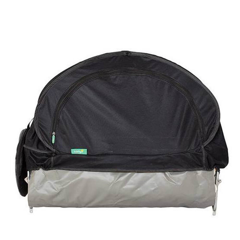 The CoziGo Sleep Easy Cover by CoziGo is a collapsible black and gray travel crib cover with a zippered mesh canopy, shown fully assembled, that doubles as a universal sleep and sun cover for comfort on the go.