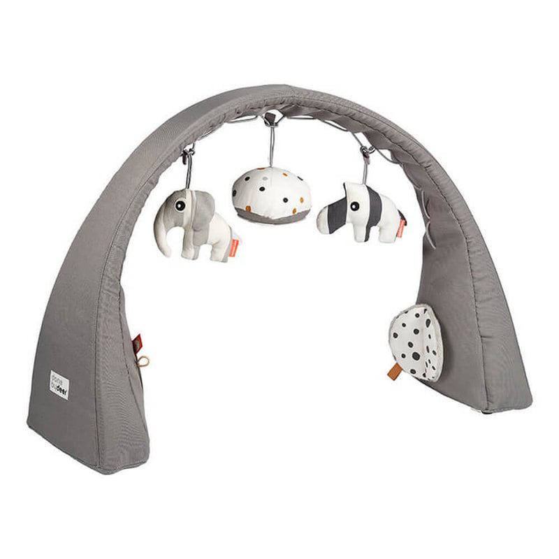 The Done By Deer Activity Gym by Done By Deer is a gray adjustable baby gym with a soft arch, featuring plush toys—elephant, zebra, and polka-dot raindrop—suspended above a cozy mat for infants to play and enjoy.