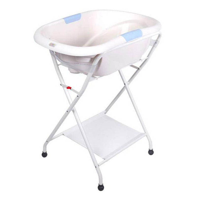 A white Roger Armstrong baby bathtub with blue accents sits atop the Oasis Bath Stand, which features a lower white shelf for compact storage—all against a plain white background.