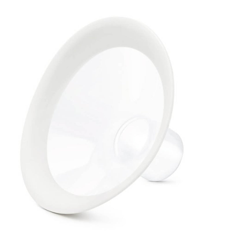 The Medela Personal Fit Flex Breast Shield, a clear flange with wide rim and tapered tube for comfortable pumping, is shown against a white background.