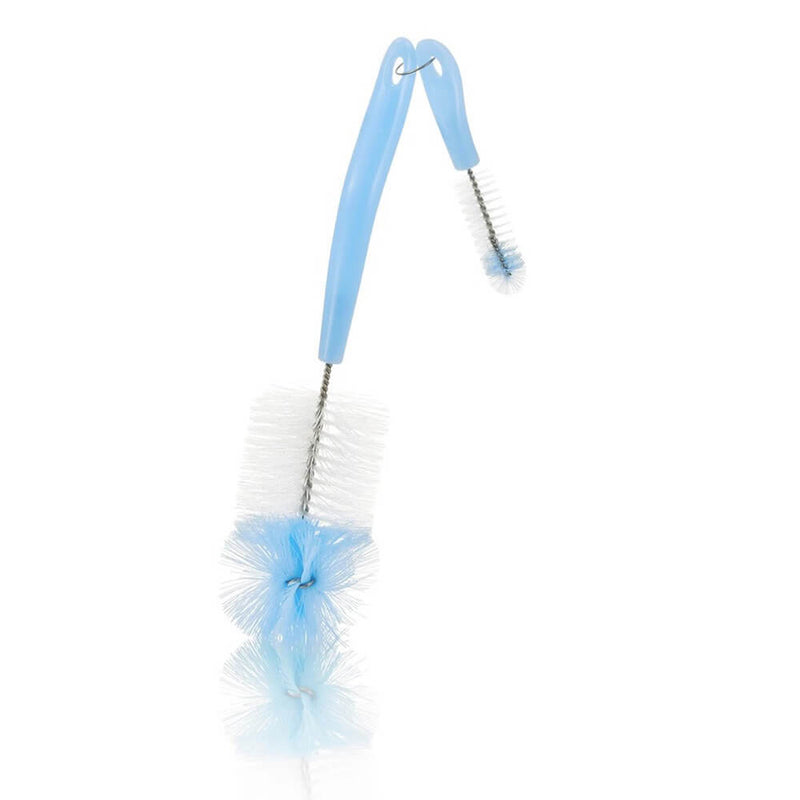 Two Pigeon Bottle & Nipple Brushes by Pigeon, featuring white bristles, blue handles, and metal stems—one large and one small—are shown upright against a white background. Ideal for cleaning baby bottles.