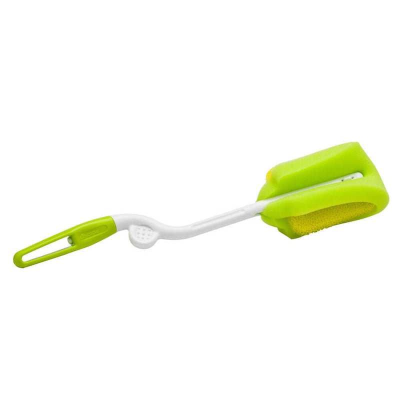 The Pigeon Sponge Brush by Pigeon is a green and white bath sponge with a long, curved rotary handle for easy reach, featuring a large rectangular sponge head and durable two-layer structure.