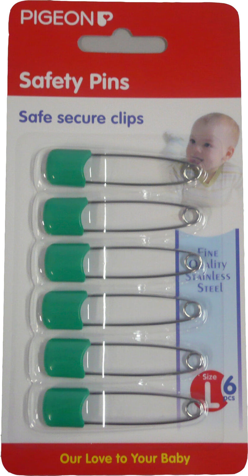 The Pigeon Safety Pins 6pk by Pigeon features six stainless steel pins with green plastic heads, displayed on a card labeled "Safety Pins" and "Our Love to Your Baby," perfect for securing baby clothes and adorned with a cute baby image.