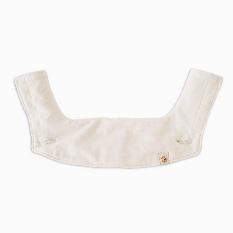 The ErgoBaby 360 Teething Bib is a white, U-shaped premium cotton pad with two wing-like ends and a lion logo tag, designed to add comfort and protection when using your Ergobaby carrier.