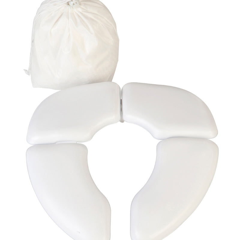 The Baby U Cushie Traveller by Baby U features four white, curved padded pieces arranged in a circle like a folding toddler toilet training seat, with a white drawstring bag included above them.