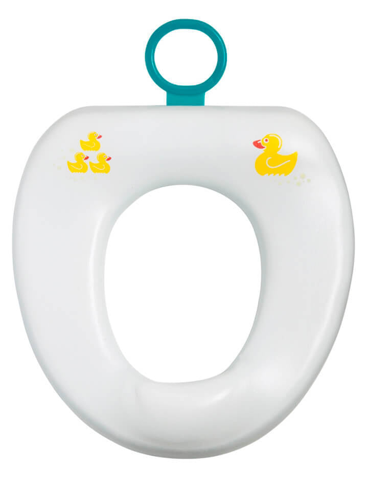 The Baby U Contoured Cushie Tushie is a white cushioned toilet training seat for toddlers with a teal handle and adorable yellow duck prints, made by Baby U.