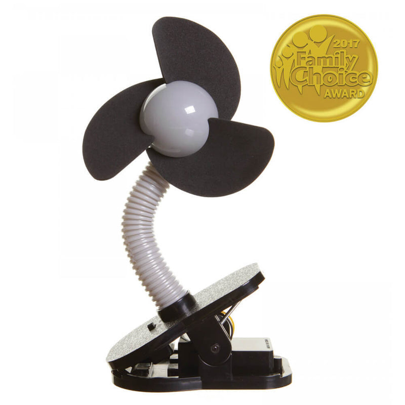 The Dreambaby F278 Stroller Fan by Dreambaby features black blades, a flexible white neck, and a sturdy clip-on base—ideal for strollers. A gold "2017 Family Choice Award" medal is shown in the top right corner.