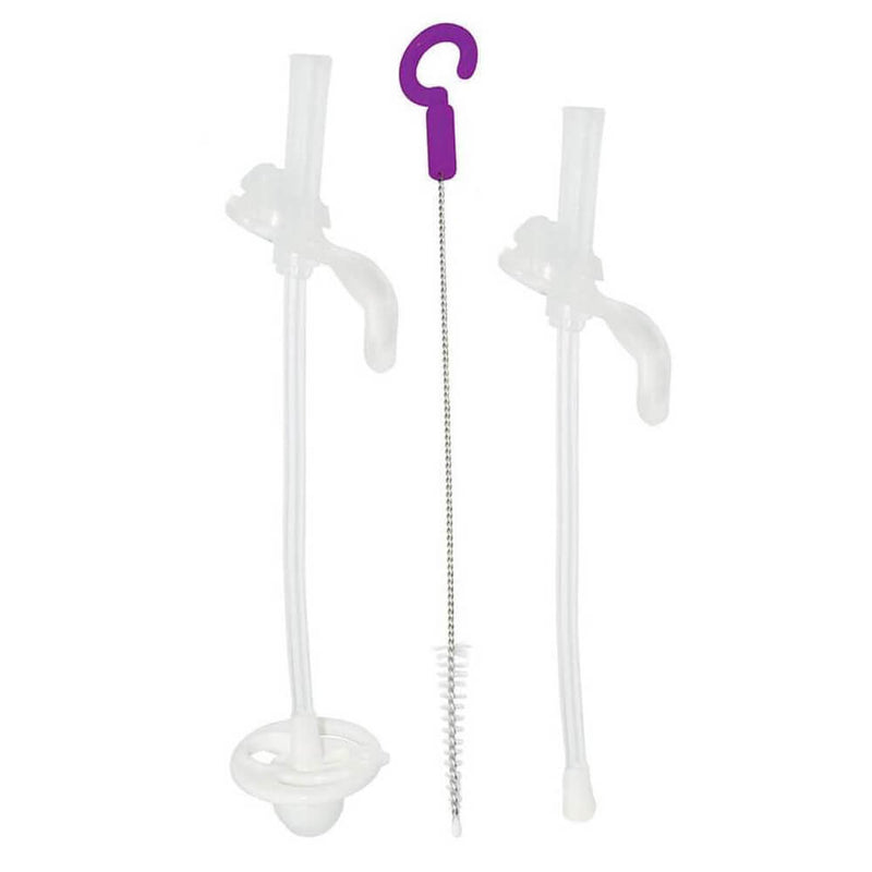 The b.box Sippy Cup Replacement Straw + Cleaner set includes two straws with unique valve ends, a purple hook, and a bristle cleaning brush—neatly displayed on a white background.