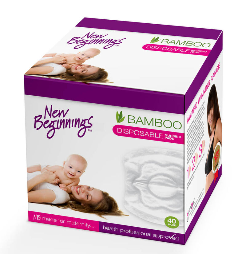 A box of New Beginnings Bamboo Disposable Breast Pads, featuring a smiling mother and baby, contains 40 biodegradable pads for maternity use and is health professional approved.