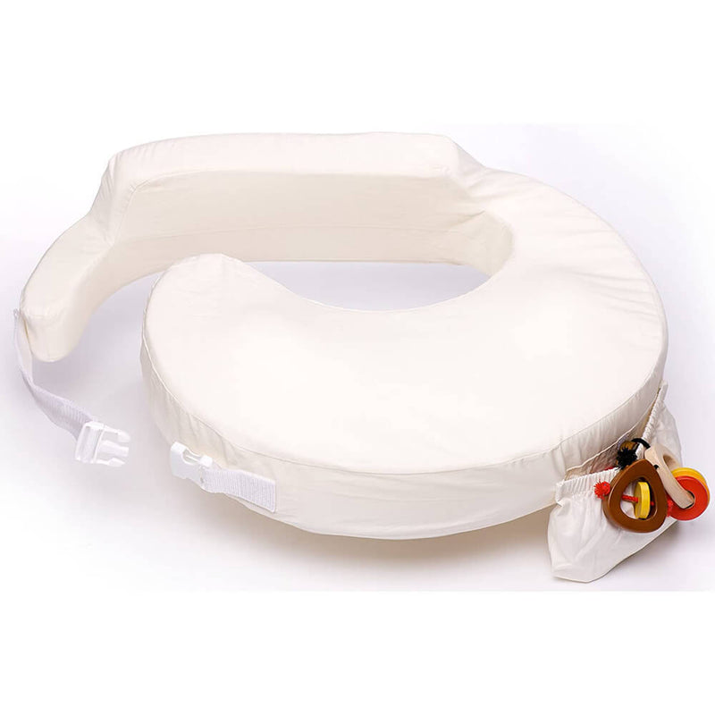 The My Brest Friend Organic Nursing Pillow by My Brest Friend is a white, C-shaped pillow with an organic cover, adjustable waist strap, and built-in pocket for baby essentials.