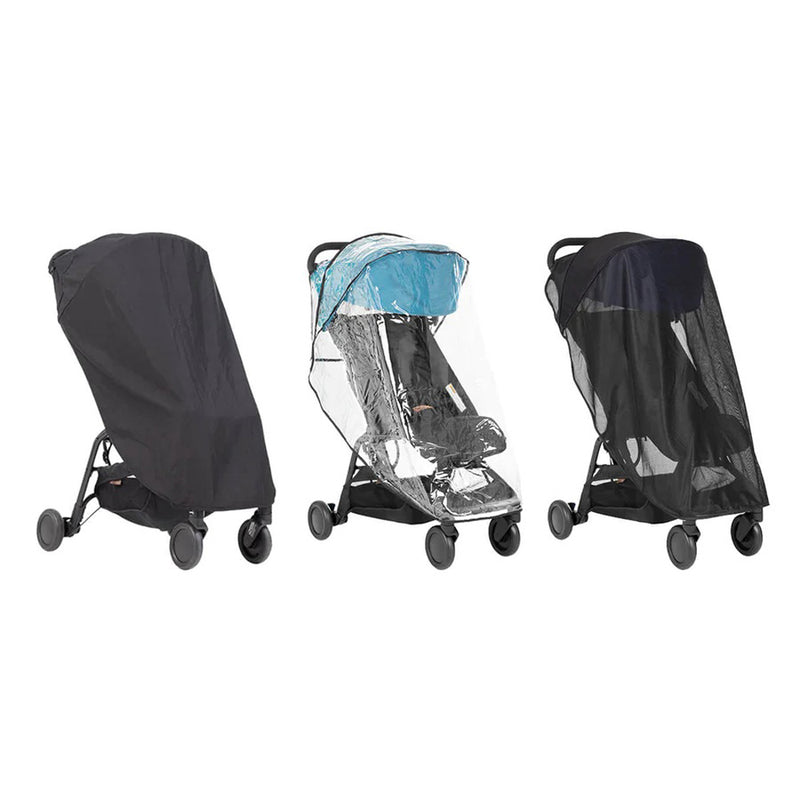 Three Mountain Buggy All Weather Cover Set Nano accessories—black blackout cover, transparent storm cover with blue trim, and black mesh—are displayed from the front as essential add-ons for your Mountain Buggy nano.