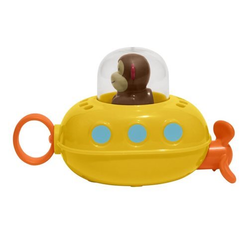 The Skip Hop Pull & Go Monkey Submarine—a yellow bath toy with blue windows, orange propeller and handle, plus a brown monkey figure inside a clear dome—is perfect for your little underwater adventurer!.
