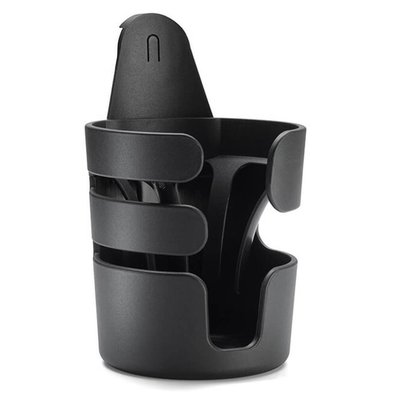 The Bugaboo Cup Holder by Bugaboo is a black plastic, adjustable accessory with open sides, fitting standard vehicle slots or strollers—ideal for larger cups or as an official Bugaboo cup holder.