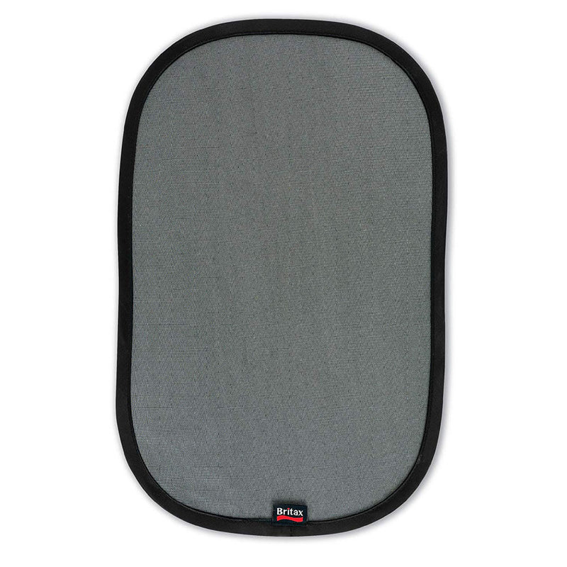 Britax Safe-n-Sound EZ-Cling Window Shades feature a rectangular gray mesh with rounded edges, black border, and a Britax logo at the bottom center, providing UV protection and reducing sun glare in your car.