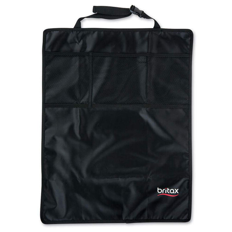 The Britax Safe-n-Sound Kick Mats are black back seat organizers with top mesh pockets and a strap for car seat attachment. The "britax" logo is on the bottom right, making them ideal as car seat protectors for daily use.