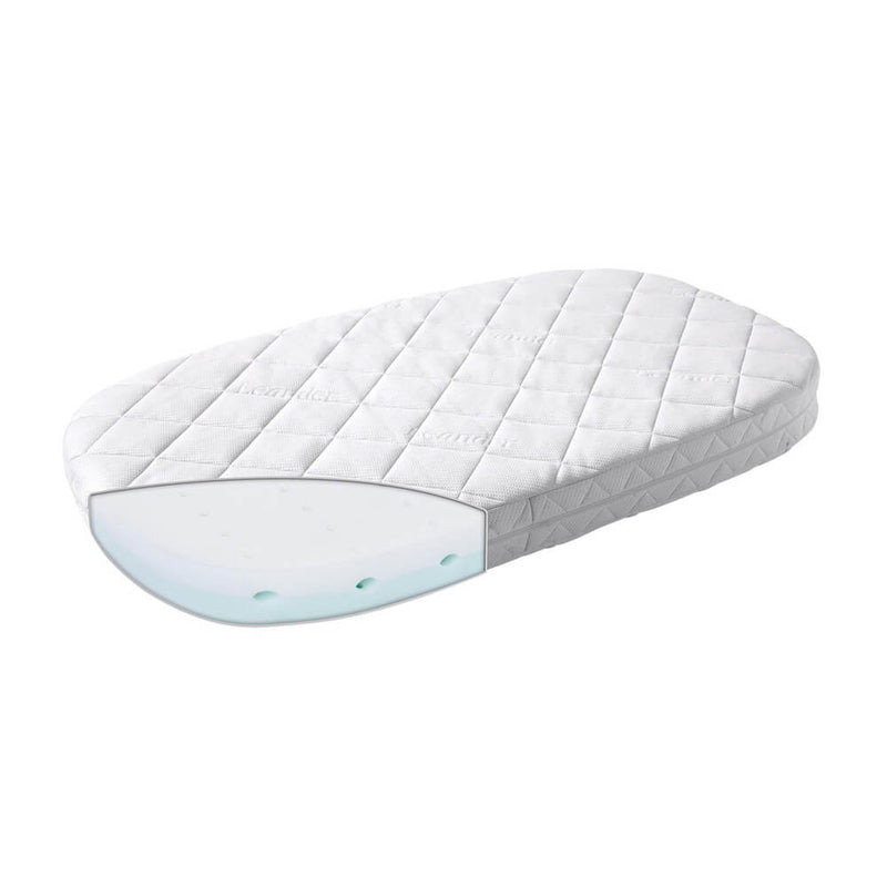 The Leander Classic Cot Mattress by Leander features a quilted white cover with a cutaway corner showing inner foam layers; it's allergy-friendly and designed for safe, comfortable infant bedding—ideal for your little one.