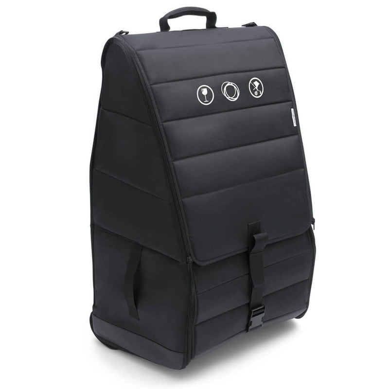 The Bugaboo Comfort Transport Bag by Bugaboo is a large, black padded stroller travel bag with a handle, flap closure, and three white travel icons on the front for carrying and protecting items.