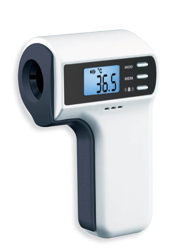 The white Oricom FS300 Infrared Thermometer by Oricom features a dark sensor accent, shows a non-contact temperature of 36.5°C on its display, and includes buttons for mode, memory, and settings.