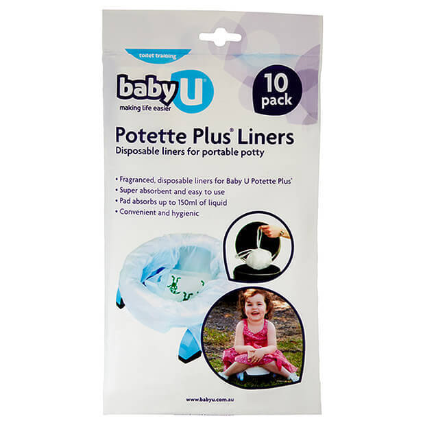 A pack of Baby U Potette Plus Liners by Baby U is shown, designed for use with a portable potty. The image features super absorbent disposable liners, a hand placing one inside, and a young girl sitting outdoors. Contains 10 liners.